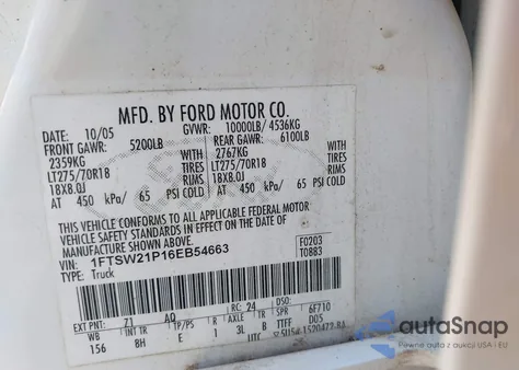 2006 Ford F-250 Lariat/Xl/Xlt from USA, damaged, VIN 1FTSW21P16EB54663